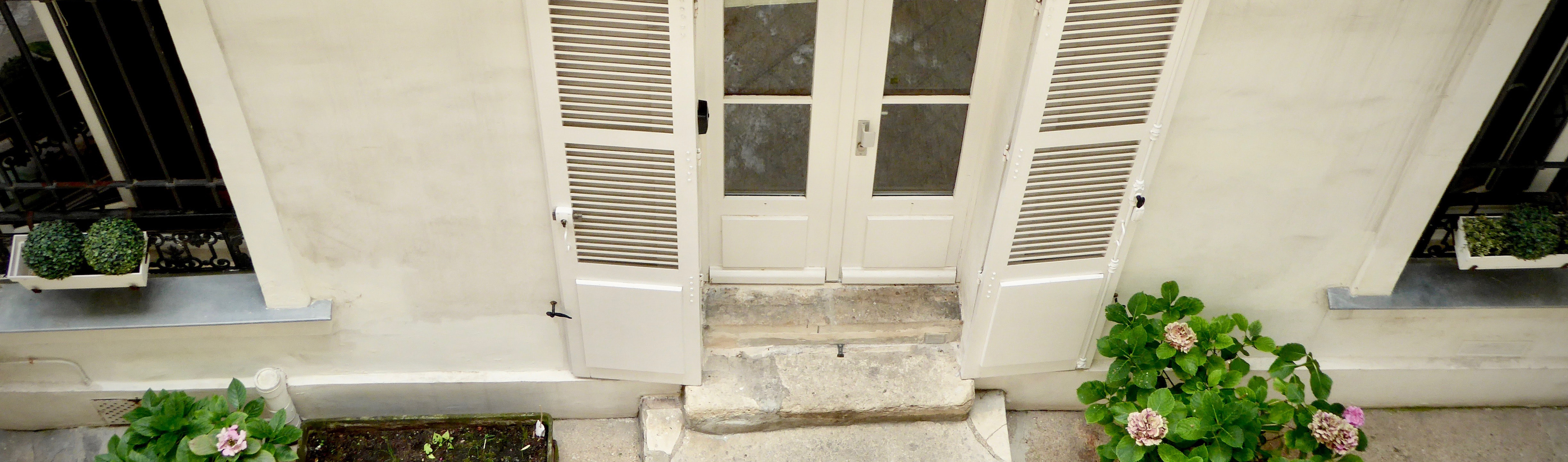 Image of front door with potted plants nearby