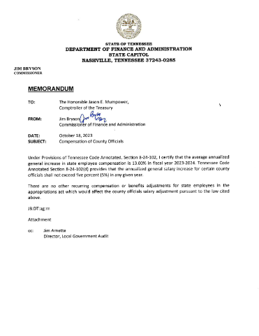 Letter from the State of Tennessee Department of Finance and Administration describing the fiscal year 2024 compensation for county officials