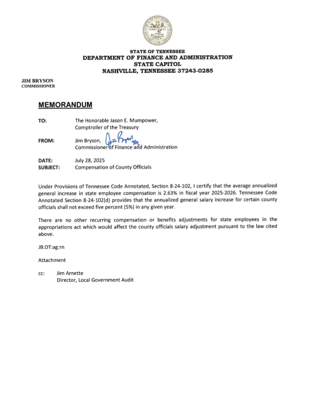 Memorandum from Department of Finance & Administration