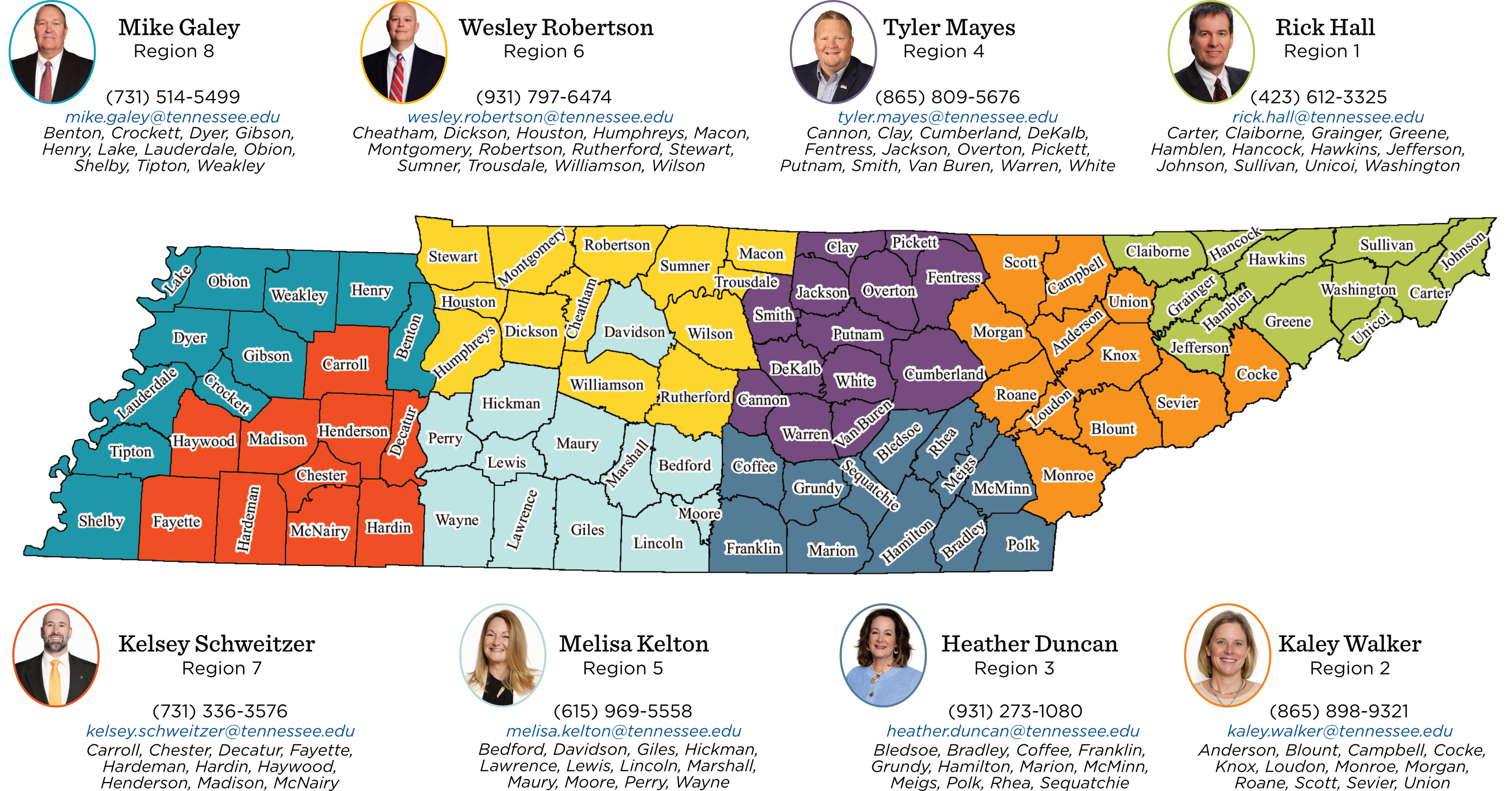 Tennessee map colored by regions with staff headshots, names, and contact details positioned around the map for regional field services coverage.