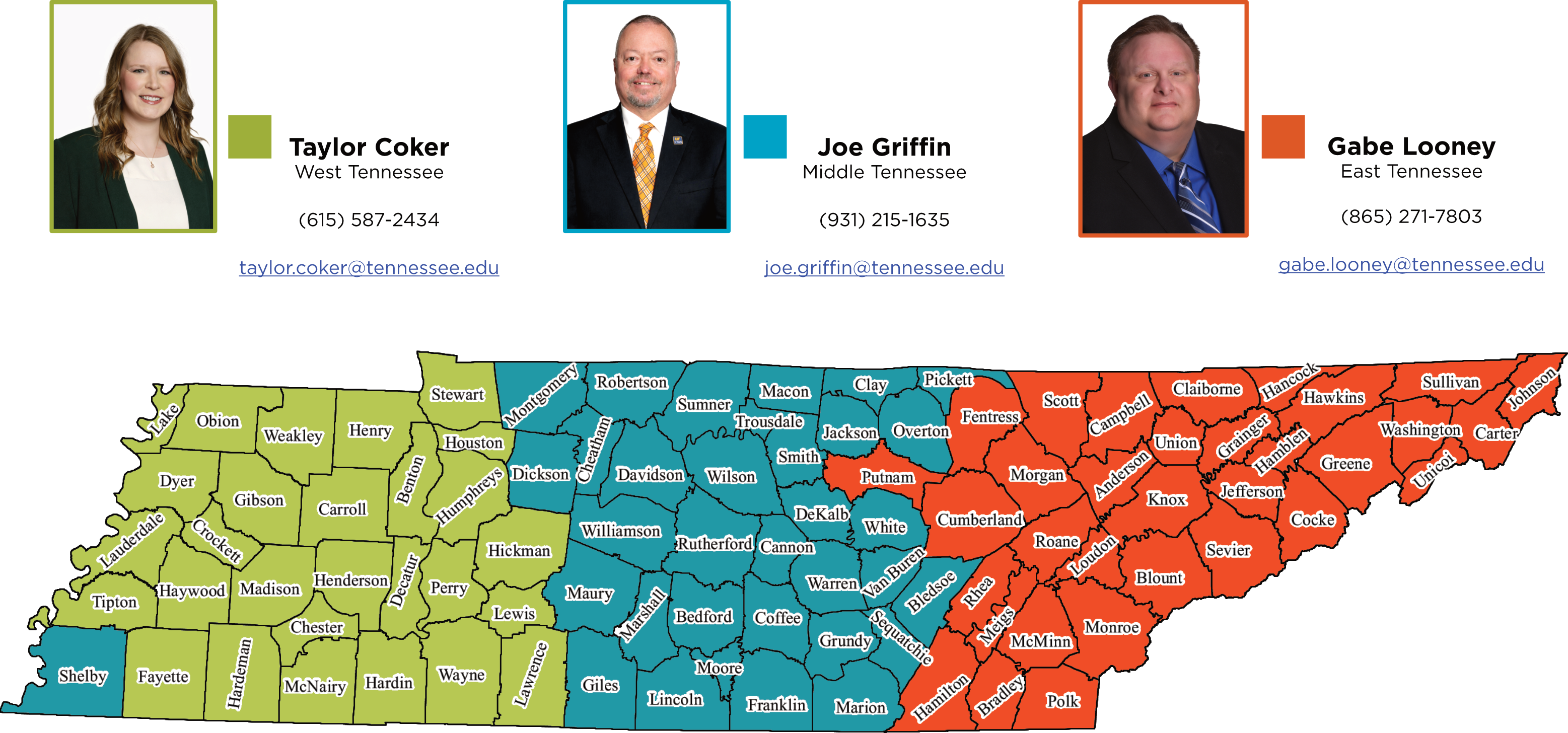 Tennessee map divided into Property Assessment Services regions with staff photos, names, assigned areas, and contact details across West, Middle, and East Tennessee.