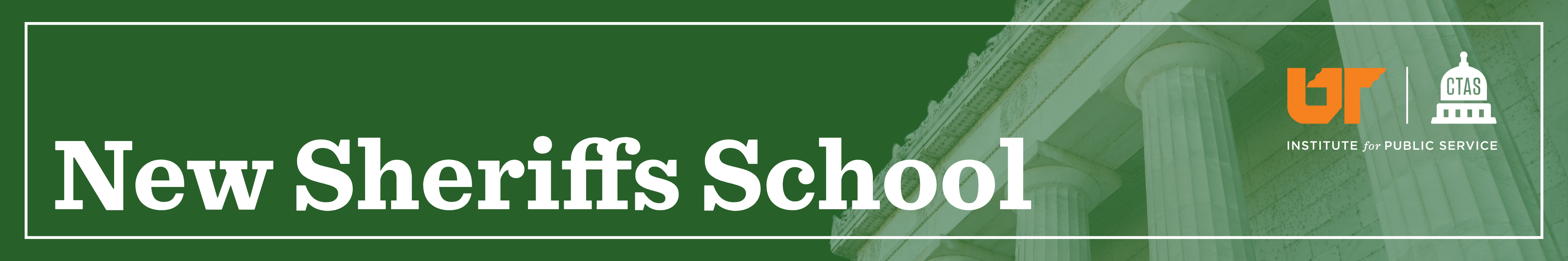 Banner graphic, dark green background with a faint white columned building overlay on the right side. White bold serif text reads