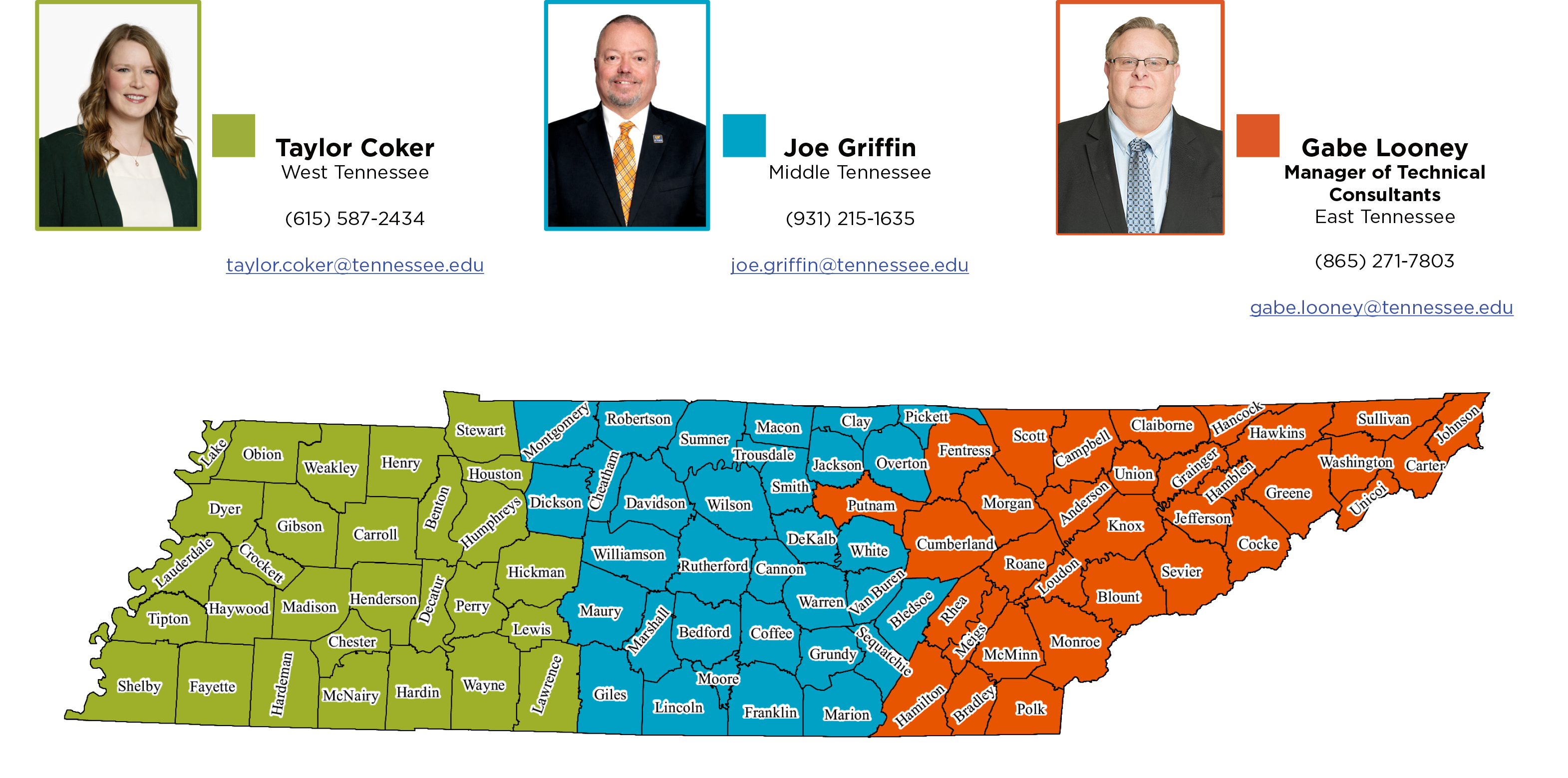 Tennessee map divided into Property Assessment Services regions with staff photos, names, assigned areas, and contact details across West, Middle, and East Tennessee.