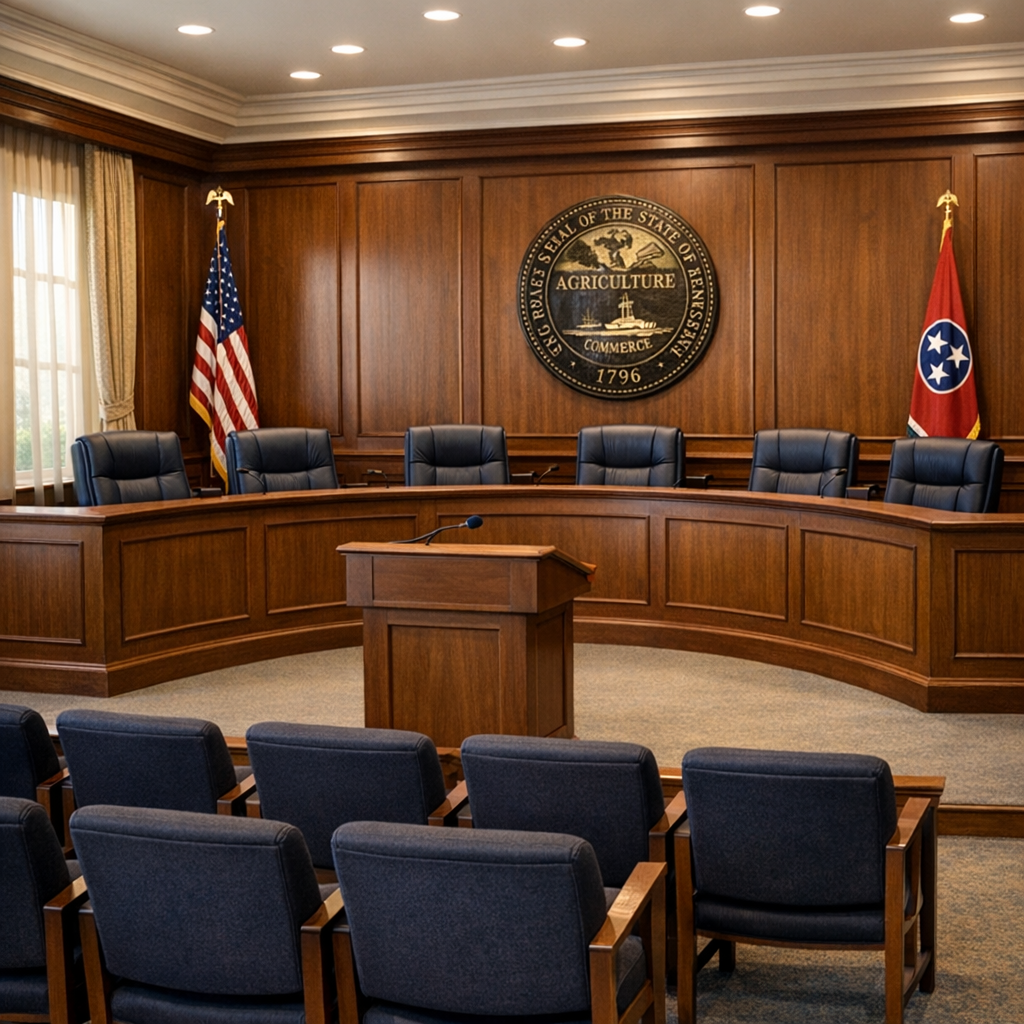 A county commission chamber featuring a curved wooden dais with black leather chairs, a central podium with a microphone, the Tennessee State Seal mounted on the wood-paneled wall, an American flag, and the Tennessee state flag, with rows of blue chairs for attendees in the foreground.