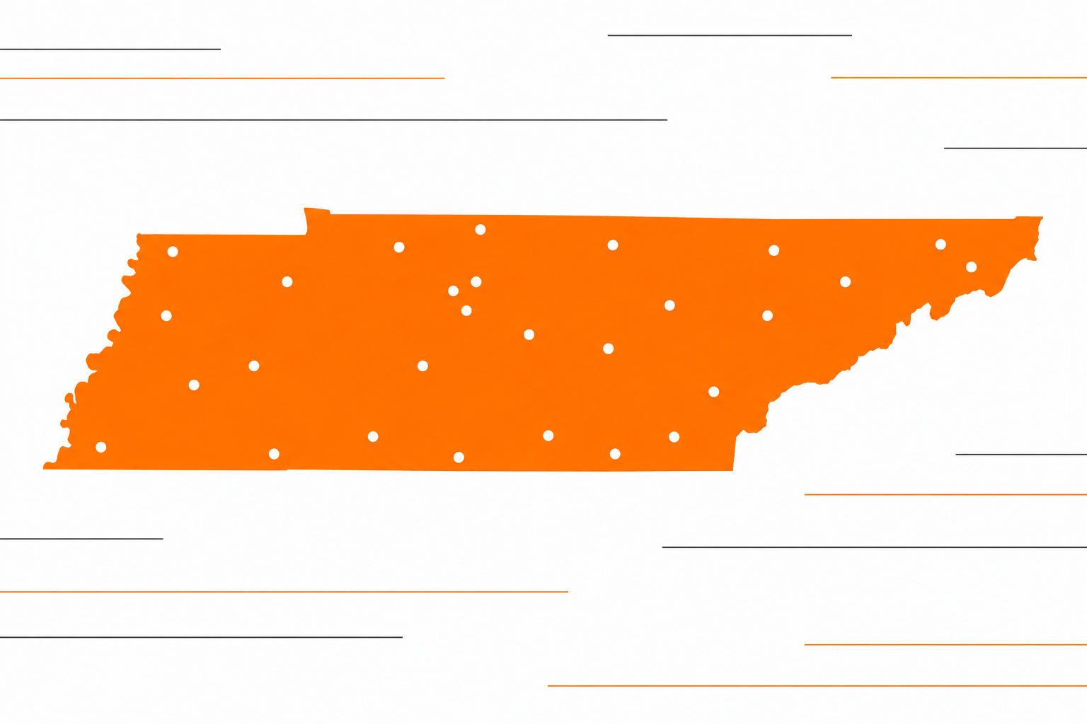 Orange silhouette of Tennessee with white dots scattered across the state on a white background with thin horizontal accent lines in orange and dark gray.