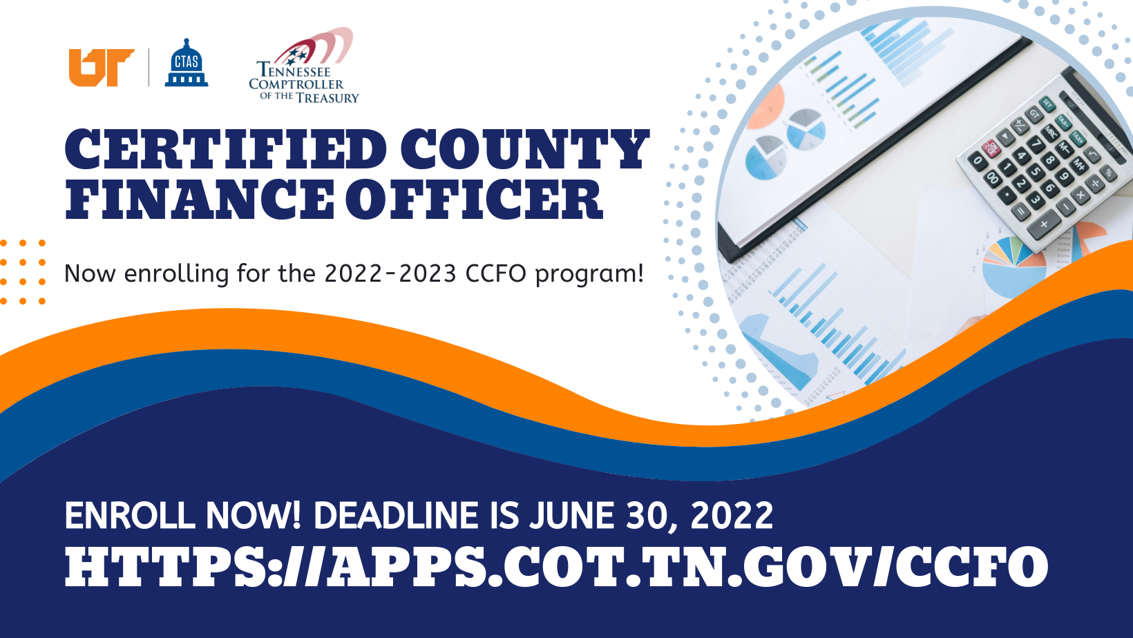 Graphic with text that reads Certified County Finance Officer program enrolling now for 2022-2023 program