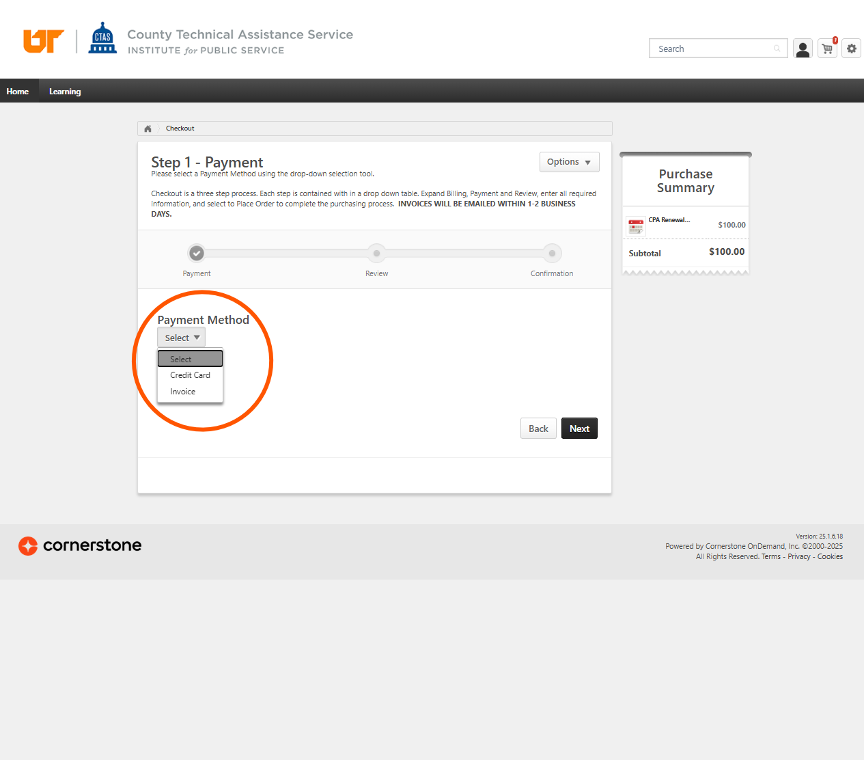 Screenshot from k@te system with payment method option circled