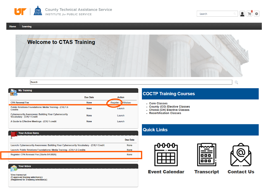 screenshot of the k@te welcome screen with options circled