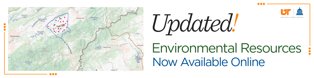 Banner graphic with a map of a Tennessee county near Knoxville showing red markers indicating convenience centers within a blue boundary outline, with the text "Updated! Environmental Resources Now Available Online" and the CTAS logo.