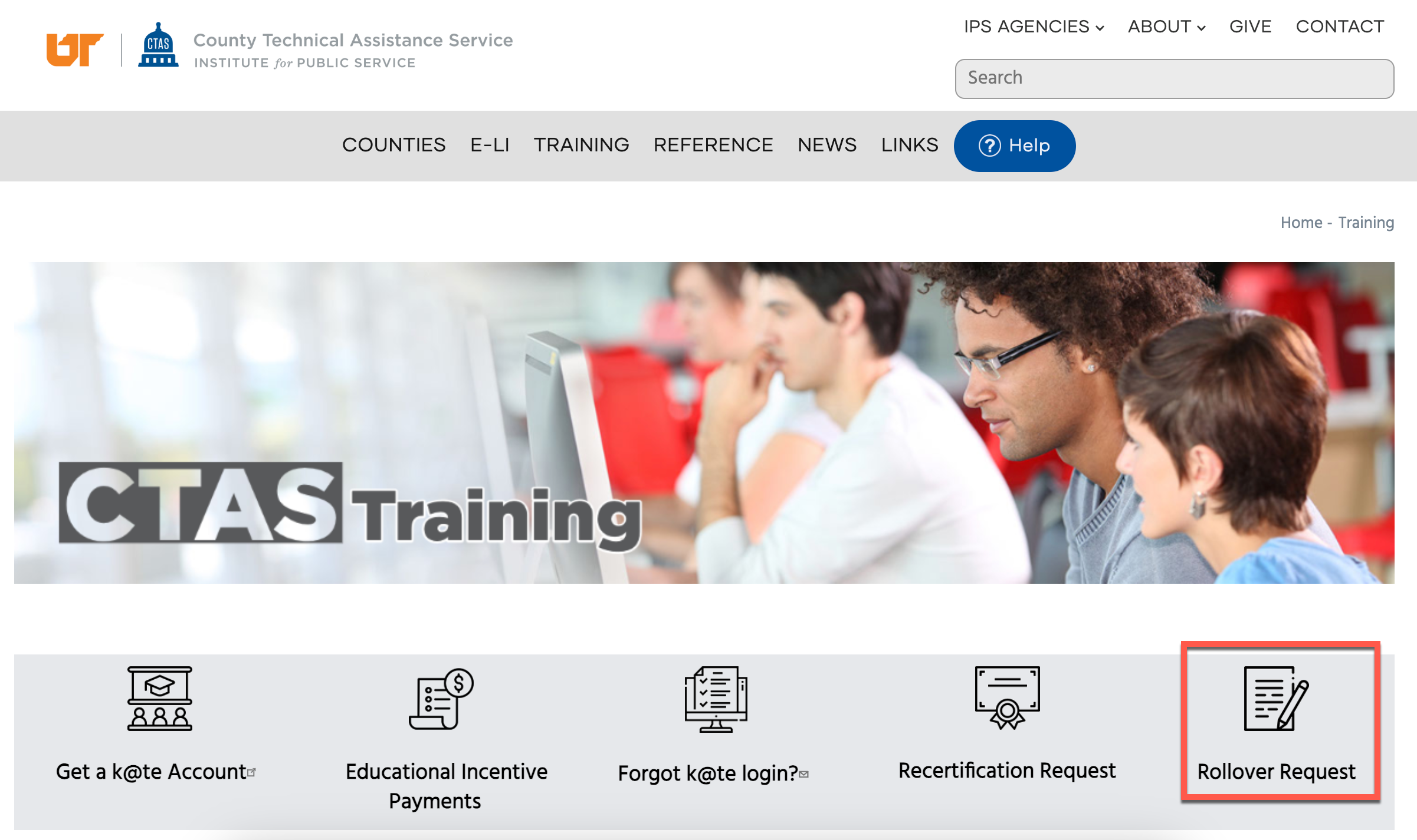 Screenshot of our training homepage with a red border drawn around the COCTP rollover request link